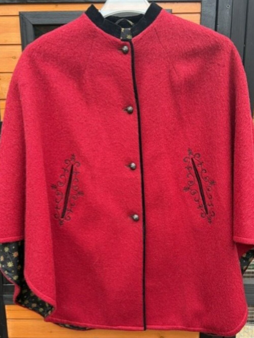 Vintage Red %100 Wool Austrian Cape with Austrian Buttons and Floral Lining